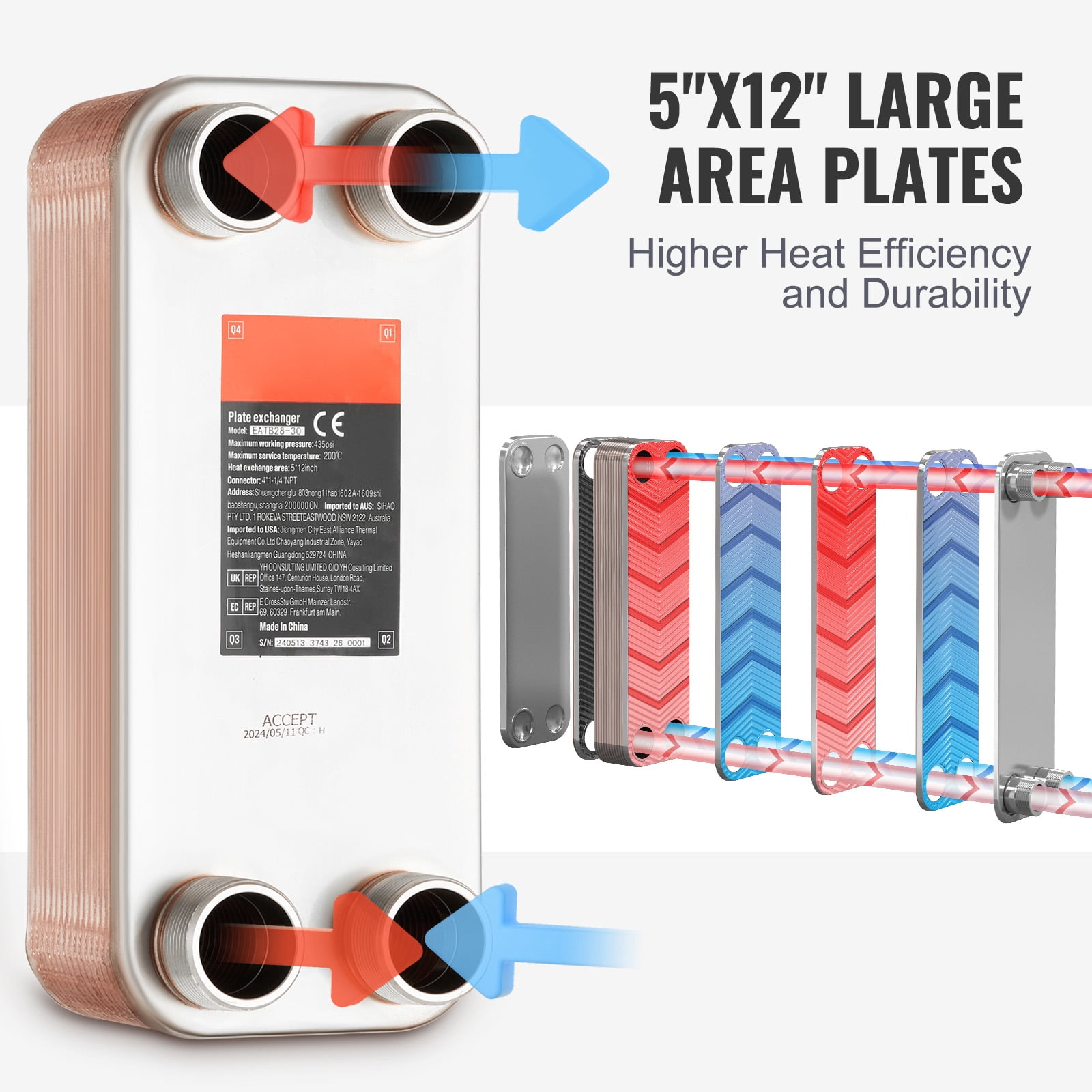 KFFKFF 5"x 12" 30 Plates Brazed Plate Heat Exchanger, Copper/316L Stainless Steel Water-to-Water Heat Exchanger for Floor Heating, Water Heating, Snow Melting, and Beverage Cooling