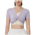 thumbnail image 2 of Olyvenn Workout Twist Front Crop Top for Women Short Sleeve Slim Fit Athletic Yoga Shirt Breathable Gym Running Sport Shirts Purple S, 2 of 4