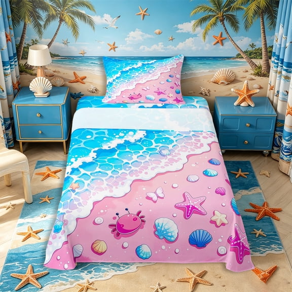 Castle Fairy Cute Pastel Beach Shore Scene Twin Sheets 3pcs,Seashell Crab Wave Kids Pattern Bedding,Pink Cyan,1 Fitted Sheet,1 Flat Sheet and 1 Pillowcase