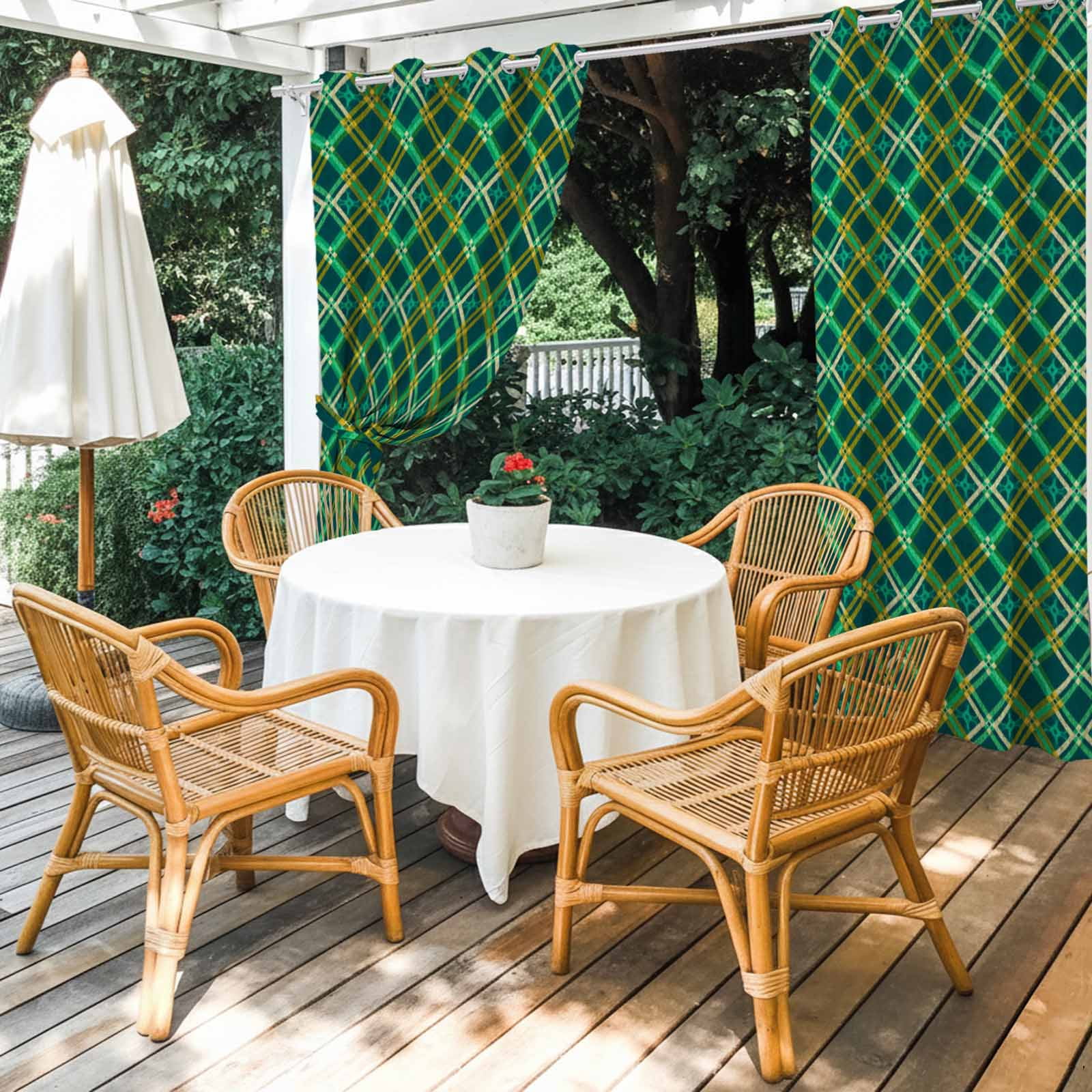 Outdoor Curtains for Patio Waterproof, Vintage Green Check Windproof Pravicy Outside Porch Blackout Curtain, Geometric Tartan Plaid Ethnic Sun Blocking Grommets Curtains for Cabana 2 Panels 54"x95"
