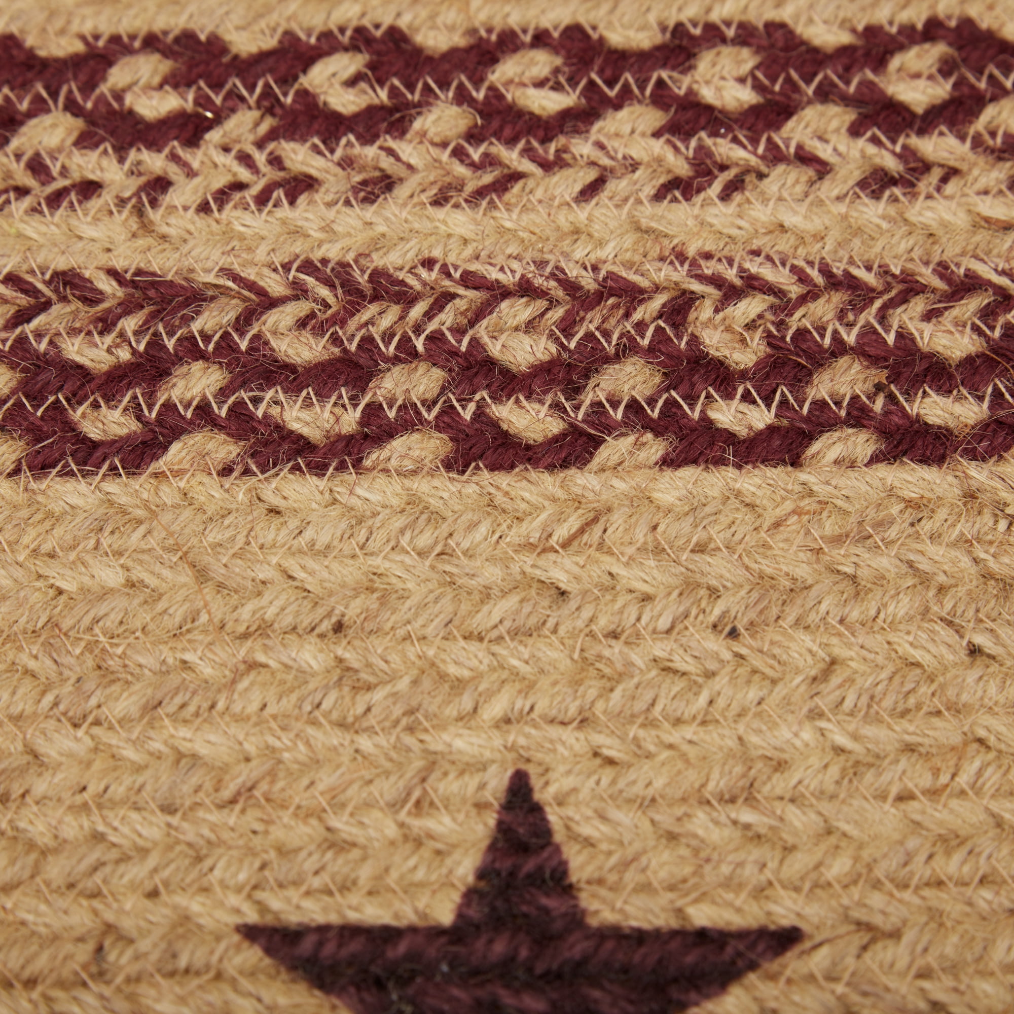 VHC Brands Burgundy Tan Jute Rug Oval Stencil Stars w/Pad 24x36
