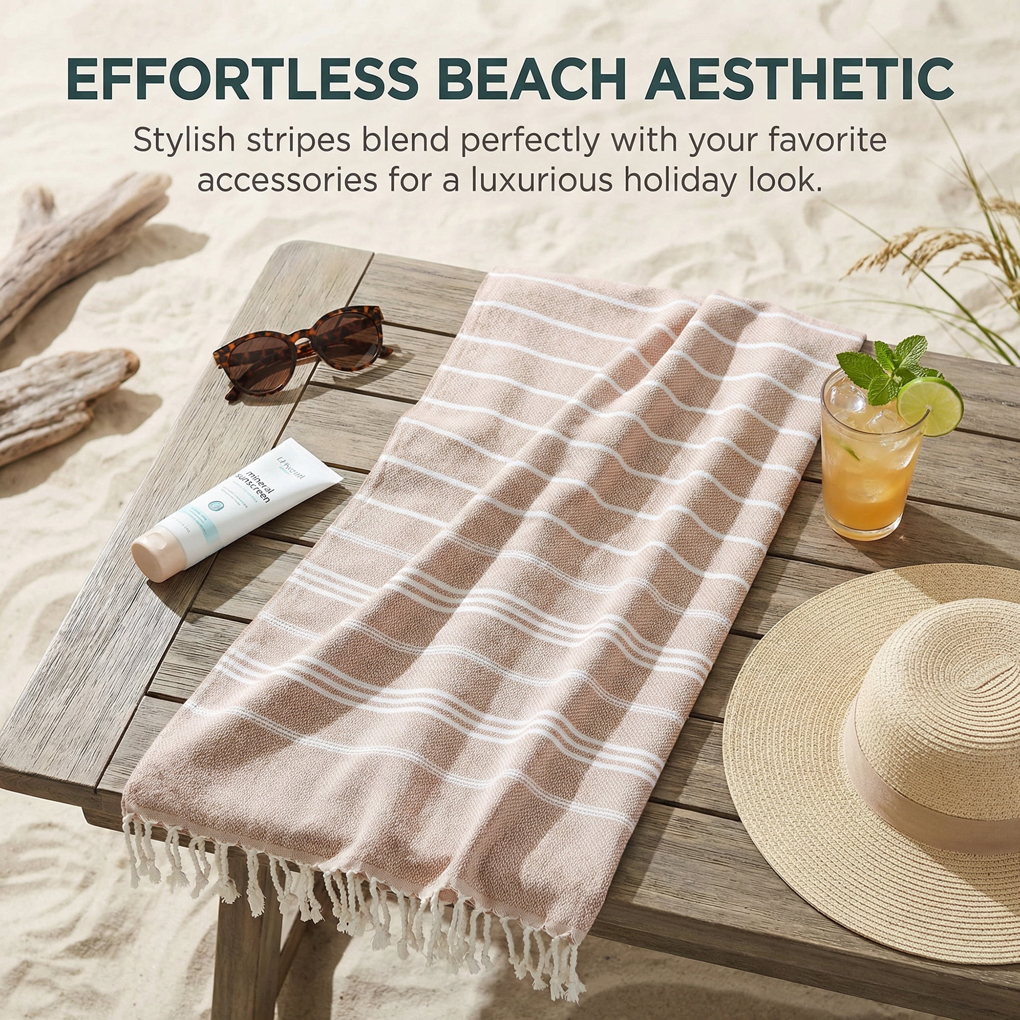 Unique Bargains 2Pcs Striped Quick Dry Beach Towel Brown Green 71" x 35"/71" x 40"
