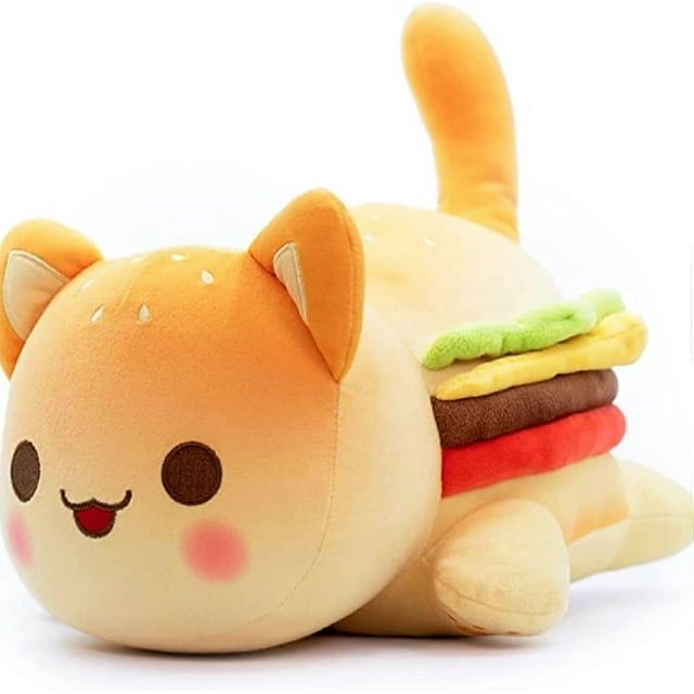 Peluche de hamburguesa con forma de gato, adorable animal de dibujos animados, almohada suave, ideal para niños, novias y regalos de cumpleaños (25 cm)