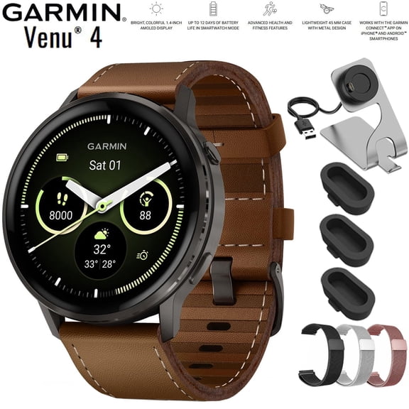 Garmin Venu 4 45 mm Smartwatch Slate with Black Band and Brown Leather Band 010-03014-03 Bundle with Deco Essentials 22mm Milanese Band 3 Pack, Charging Dock and Silicone Dust Cover 3 Pack