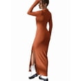 thumbnail image 5 of Women'S Casual Long Sleeve Collar V Neck Maxi Sweater Dress Slit Thigh Ribbed Knit Bodycon Pencil Dresses Red-Brown XL, 5 of 9
