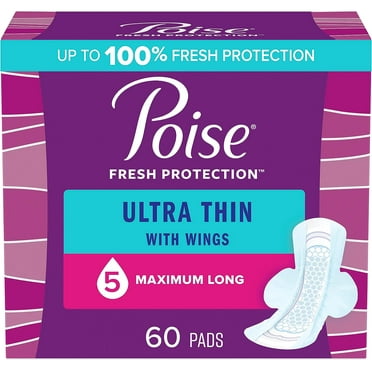 Poise Ultra Thin Incontinence Pads with Wings & Postpartum Incontinence Pads, 5 Drop Maximum Absorbency, Long Length, 60 Count, Packaging May Vary