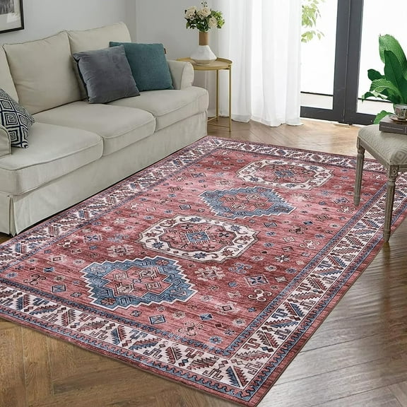 GlowSol 8' x 10' Pink Large Area Rug Vintage Persian Floral Rug Soft Indoor Oriental Distressed Carpet Machine Washable Floor Cover for Living Room Bedroom