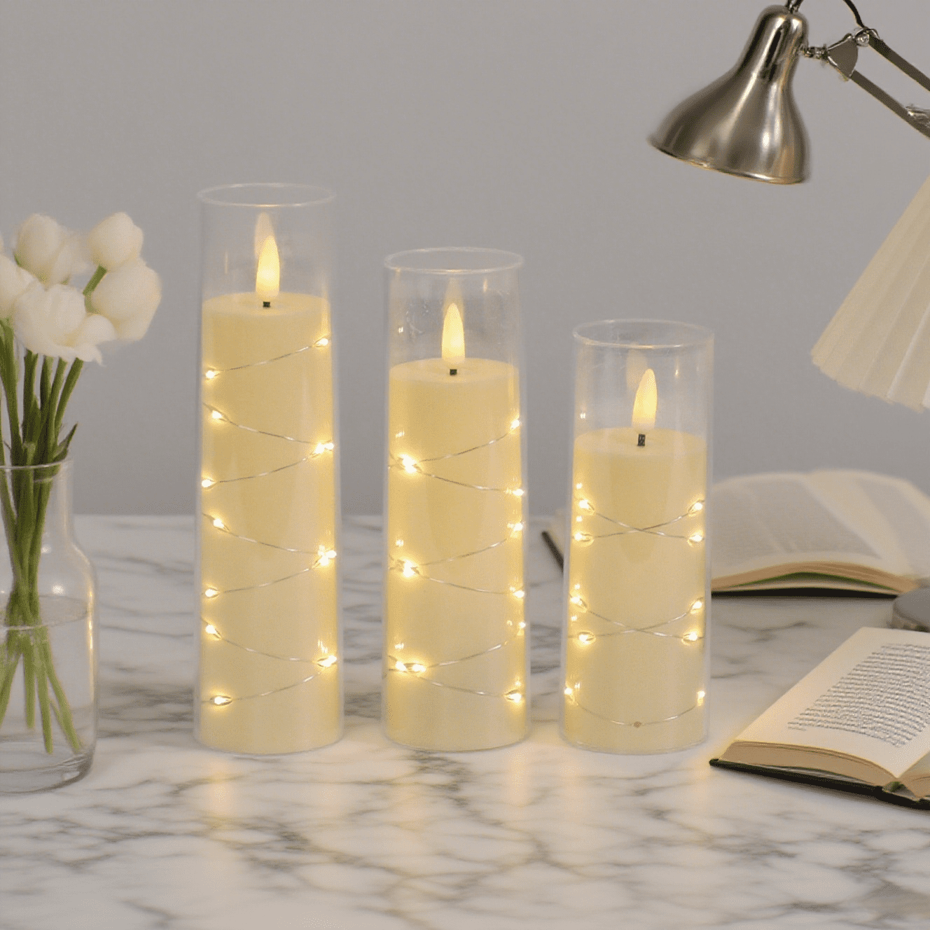 Flameless LED Pillar Candles (9 Pcs) – Embedded Star String, Battery Operated with Remote & Timer, White – Perfect for Home/Party/Wedding