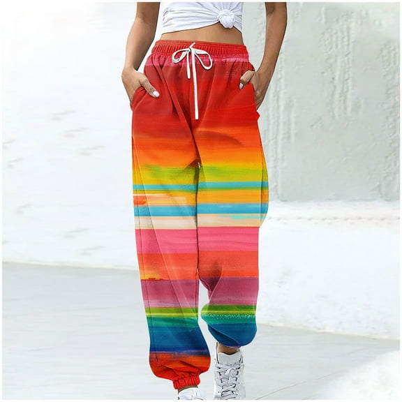 WXLWZYWL Women's Athletic Pants Straight Legs High Waisted Drawstring Rainbow Gradient Sweatpants Loose Lounge Workout Jogger Trouser