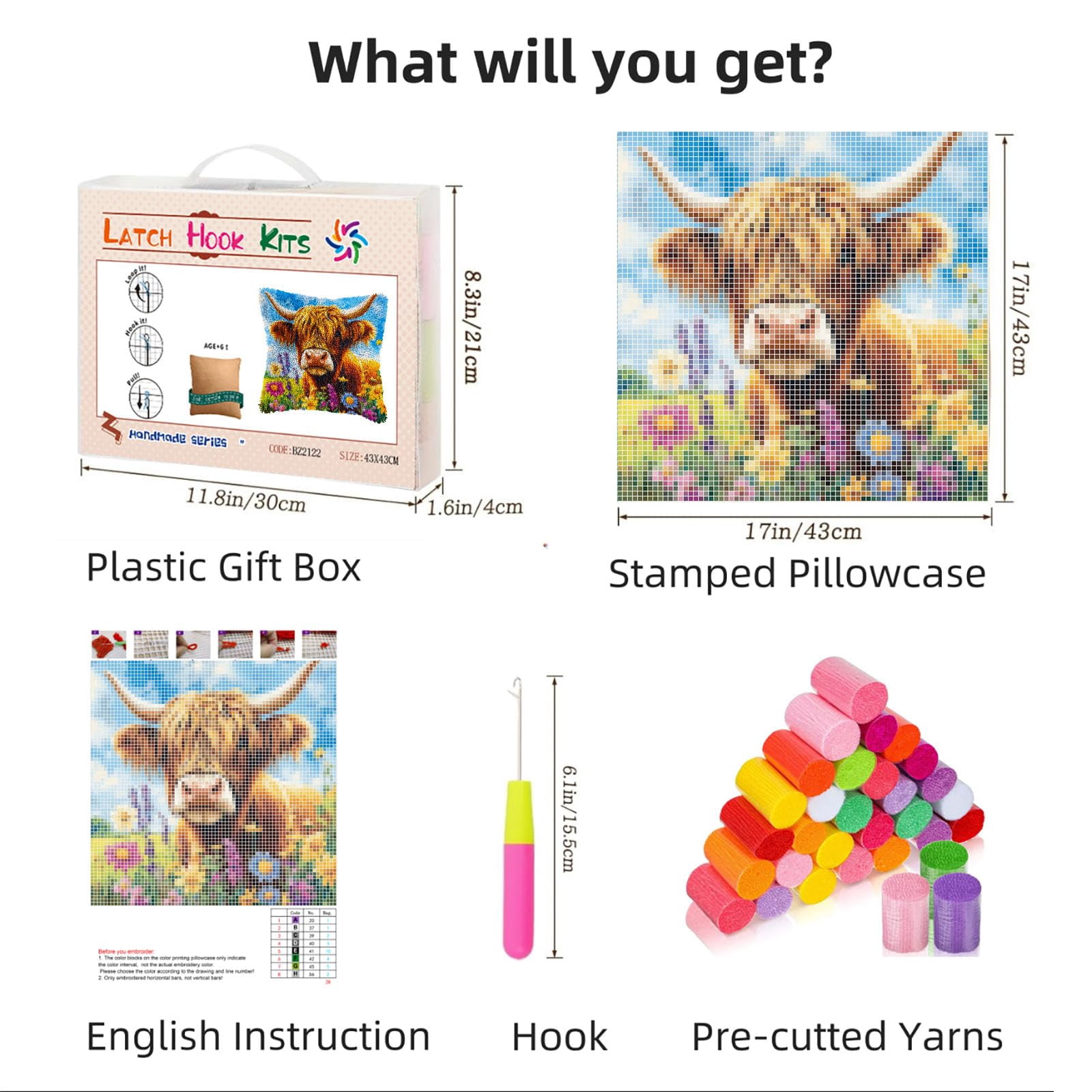 DIY Latch Hook Pillow Kits Cute Highland Cow in Flowers Printed Pillowcase Crochet Yarns Hooking Handmade Pillow Cover Cushion for Home Sofa Decoration 17x17inch-3