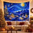 thumbnail image 3 of Deep blue snowy cabin valley beneath swirling stars, Painterly winter fantasy Style for Winter landscape enthusiasts, Thoughtful Gift for Living room, bedroom, reading nook, Tapestry Wall Hanging, 3 of 7