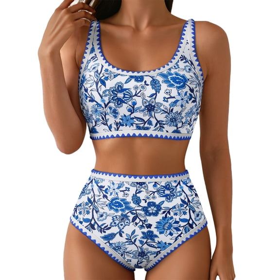 SHEWIN Women's Bikini Sets Floral Print Whip Stitch 2 Piece Swimsuits High Waisted Scoop Bathing Suits