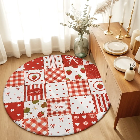 Strawberry Patchwork Round Area Rug 4 FT, Non Slip Indoor Outdoor Rug, Red Farmhouse Love Hearts Plaid Washable Soft Circular Carpet Non-Shedding Floor Mat for Coffee Table Nursery Foyer Balcony