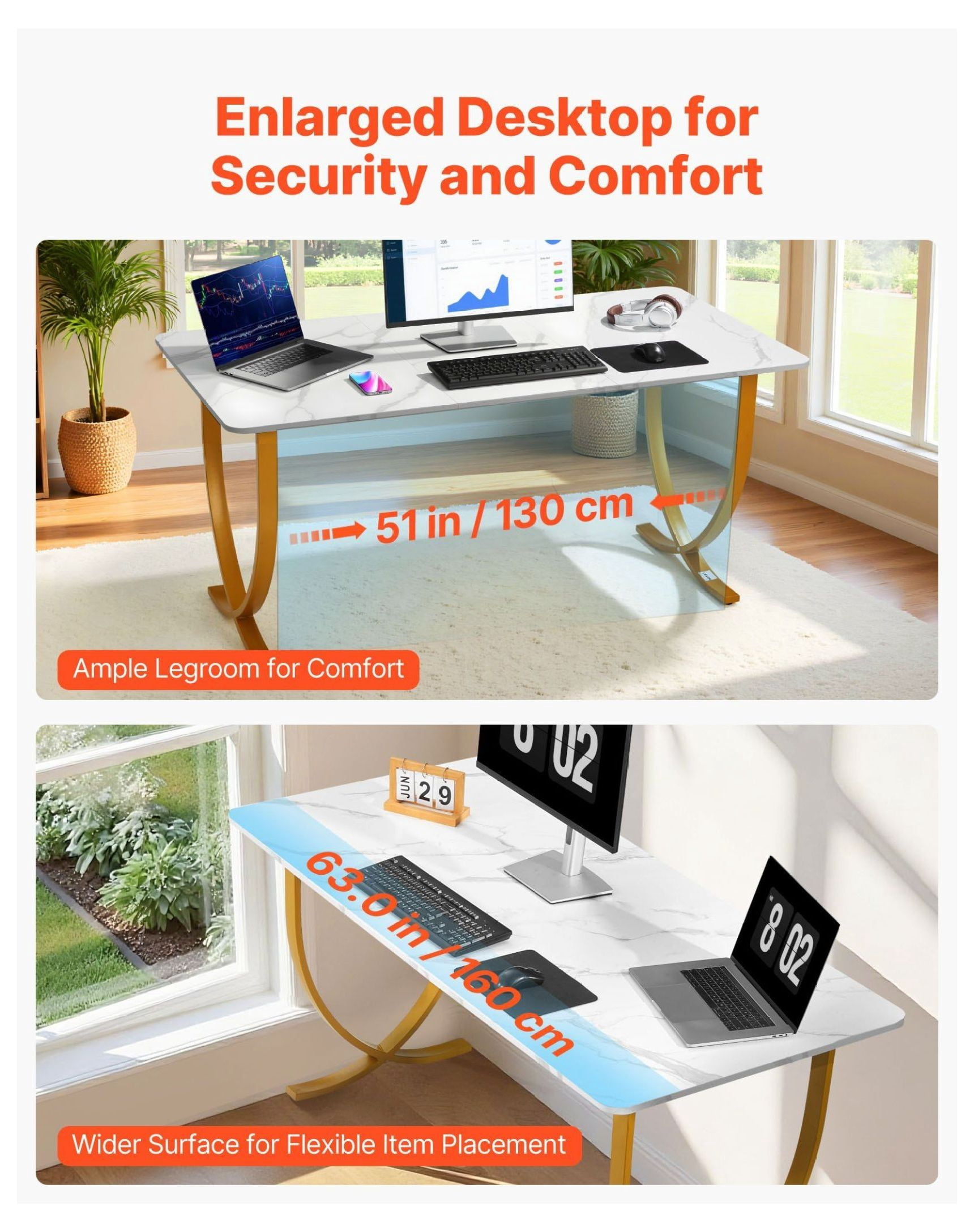 Executive Desk 63" W Modern Office Computer Table White & Gold Large Conference Desk