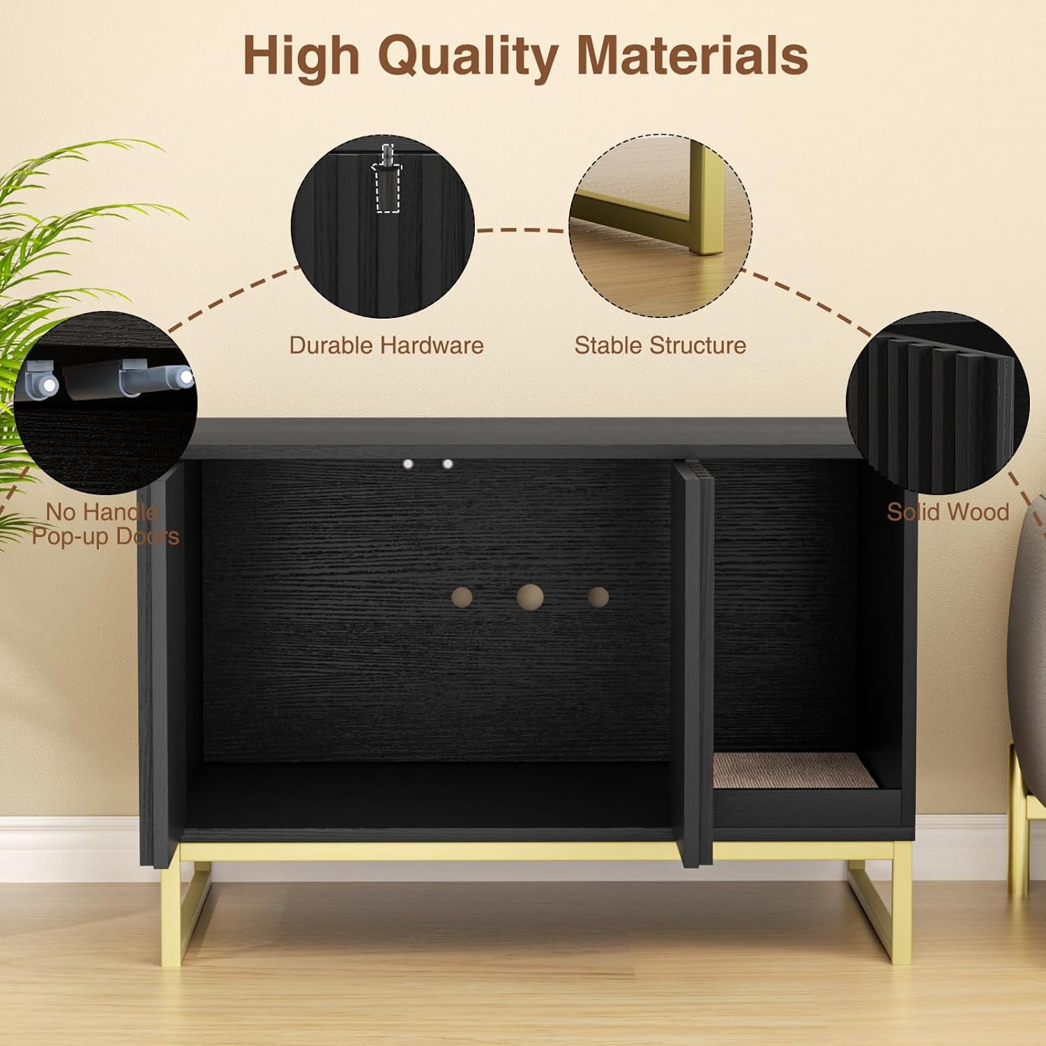 Vabches Hidden Cat Litter Box Enclosure Furniture, Multi-Functional Cat Washroom Bench with Cat Scratching Pad and Fluted Doors