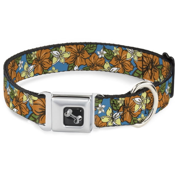 Buckle-Down Pet Collar, Dog Collar Metal Seatbelt Buckle, Hibiscus Collage Blue Orange Yellow, 9.5 to 13 Inches 1.0 Inch Wide