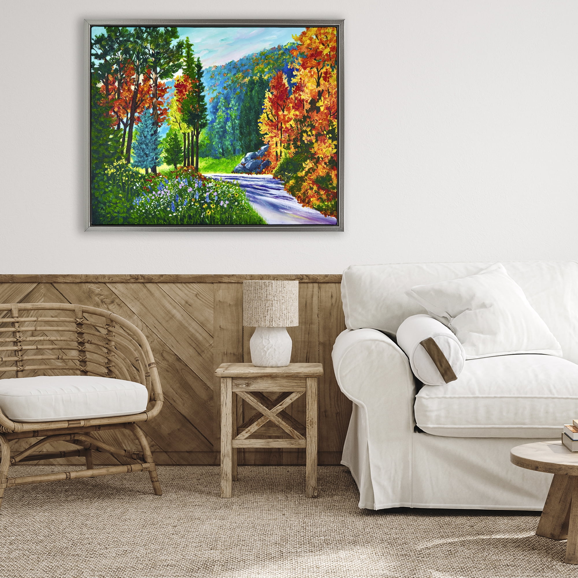 Stupell Industries Sunlit Autumn Woodland Pathway Gray Framed Floater Canvas Wall Art, design by Lee Ann Zirbes