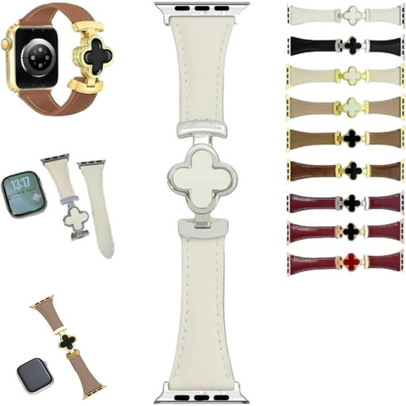 Appleband Lucky Flower Leather Strap For Apple Watch Ultra/SE/9/8/7/6/5/4/3/2/1, Magnetic Buckle Replacement Thin Strap, Slim Leather Bands