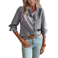 thumbnail image 2 of Women'S Striped Button Front Shirts Mock Neck Long Sleeve Office Blouse Tops Black XL, 2 of 7