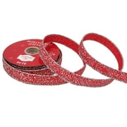 Holiday Time Gift Wrap Ribbon, Red Satin with RD/WHI Glittr Print, Polyester, 5/8"x 25'