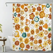 HVEST Vintage Boho Shower Curtain,Orange Red Flower and Mushroom on White Background Bathroom Shower Curtain Abstract Farmhouse Polyester Fabric Decor Curtain with Hooks, 60X72 inch