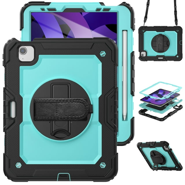 Case for iPad Air 5th Generation / iPad Air 4th Generation 10.9 inch with Screen Protector, 360 Degree Rotating Kickstand Hand Strap Shockproof Cover with Shoulder Strap, Sky Blue PC