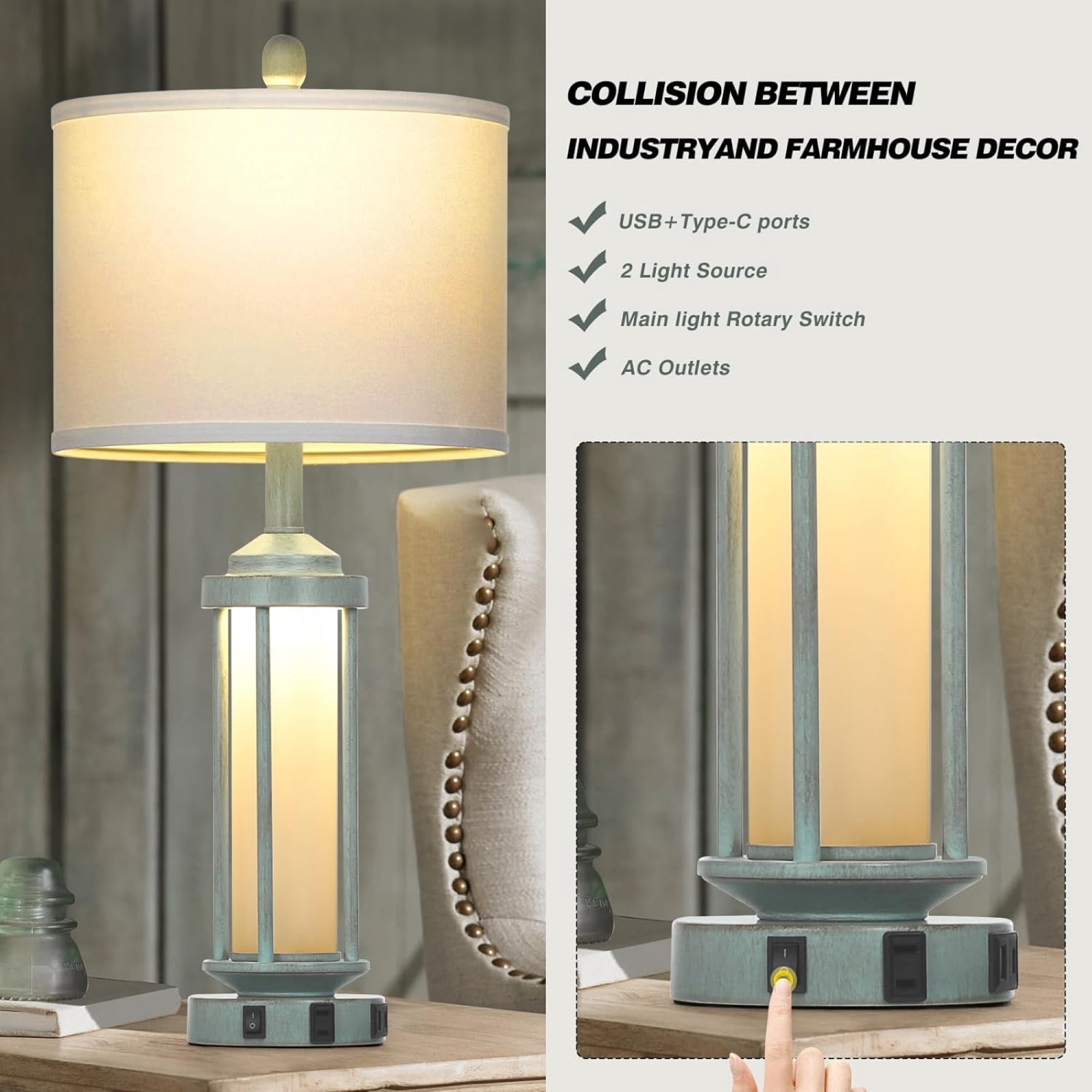 Cinkeda Industrial Table Lamps Set of 2 for Living Room Bedroom Coastal Blue Bedside Nightstand Lamp with USB A+C Ports AC Outlet Glass Nightlight