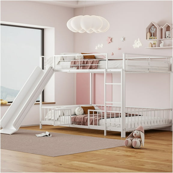 JERFIT Full over Full Metal Bunk Bed with Slide, Stairs, Guardrails & Gate, Convertible to Loft Bed, White