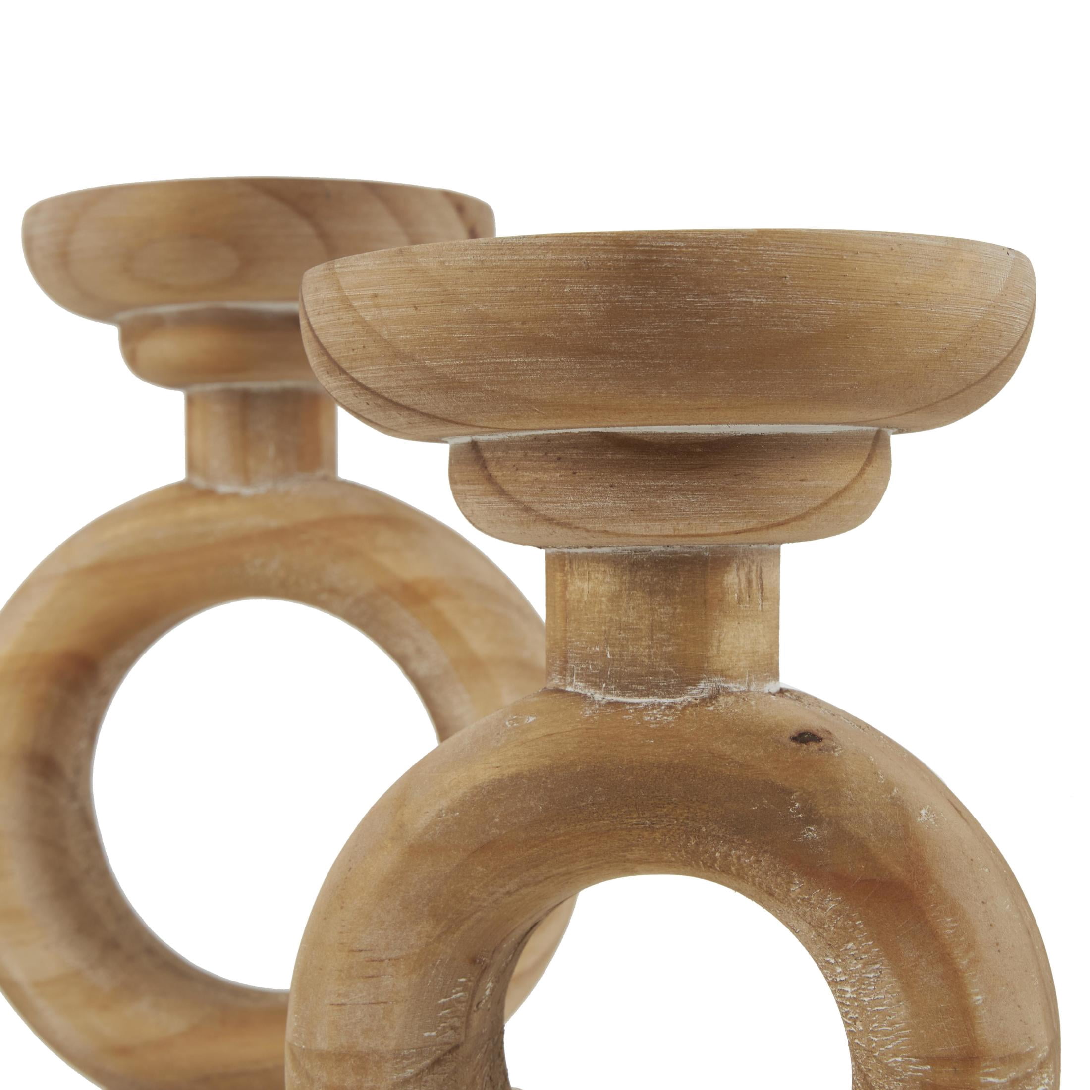 DecMode 3 Candle Brown Wood Circular Ring Candle Holder, Set of 3