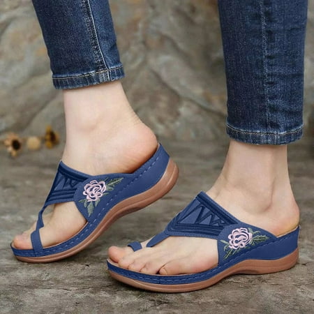 

PhoneSoap Large Size Embroidered Buckle Clip finger Comfortable Wedge Heel Female Sandals Blue