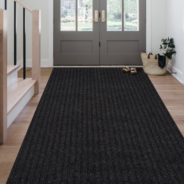 Morefany Outdoor Indoor Runner Rug Custom Size Rugs Non-Slip Hallway Carpet Runners with Rubber Backing Mat for Kitchen Entryway Garage Laundry 2ft x 10ft, Black Striped