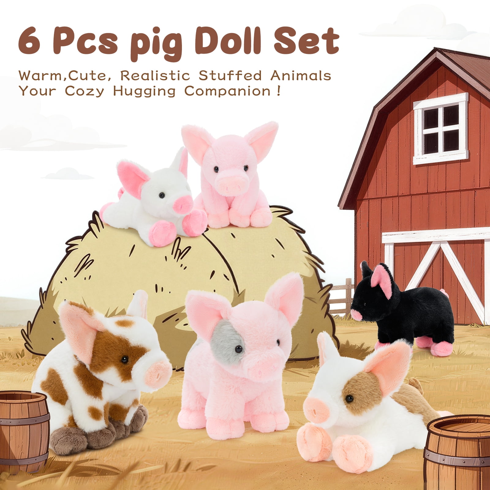 MaoGoLan 6 Pcs Mini Pig Stuffed Animals Set 10'' Cute Stuffed Pig Bulk Plush Toy
