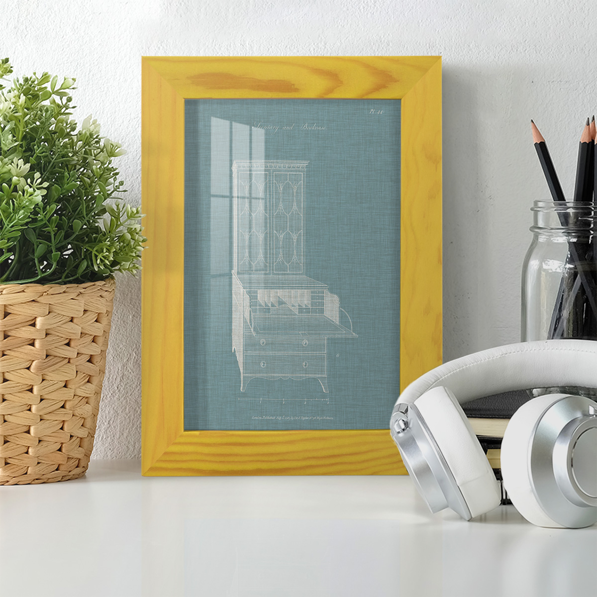 Hepplewhite Desk & Bookcase I - Framed Print w/glass - Sunflower Yellow