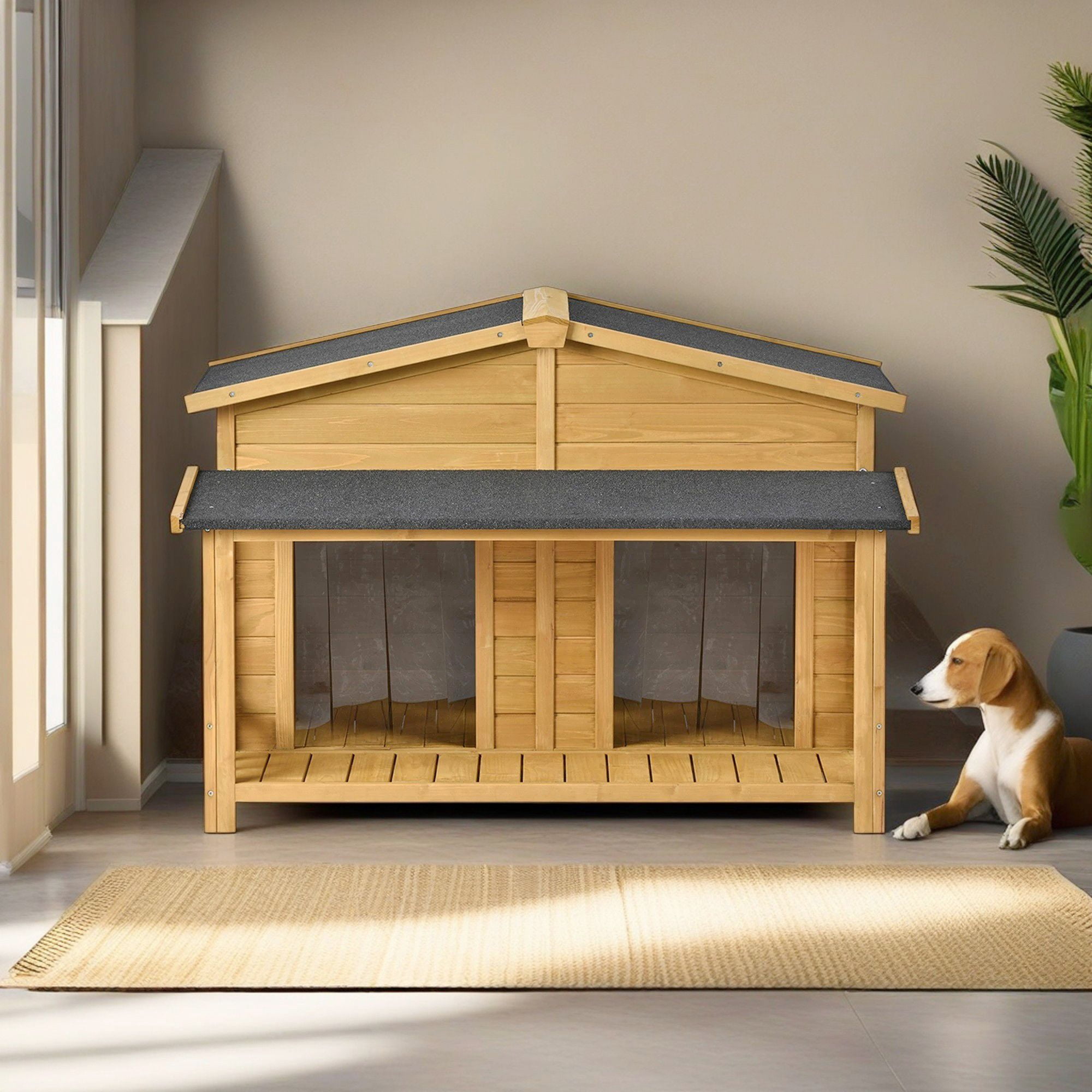 Pefilos 47" Large Wooden Dog House for Outdoor and Indoor, Cat Shelter with 2 Doors and Porch, Cabin Style Pet Kennel, Beige