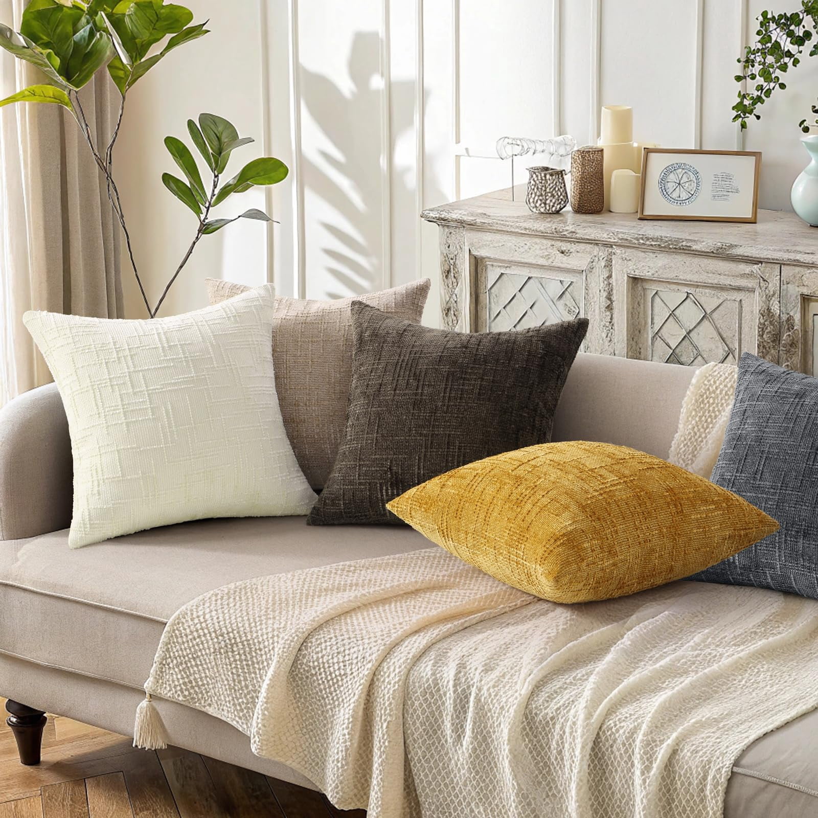 HAPPINESS Chenille Throw Pillow Covers 20x20 Set of 2 Thick Textured Slubby Couch Pillow Covers Farmhouse Accent Modern Neutral Decorative Pillow Cases for Bed Sofa Living Room