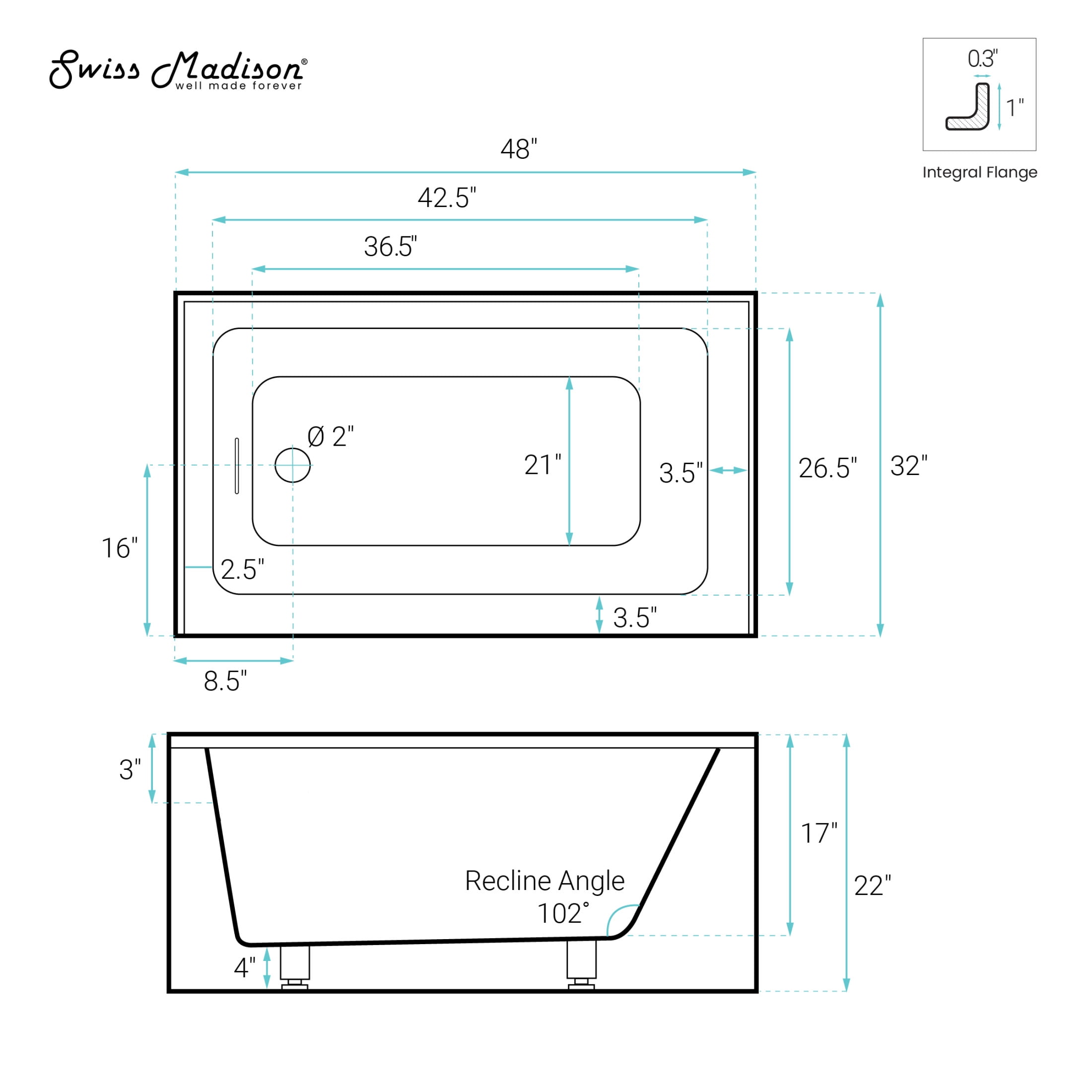 Voltaire 48 x 32 Skirted Left Drain Soaking Apron Bathtub in Glossy White with Integrated Overflow, Drain Included
