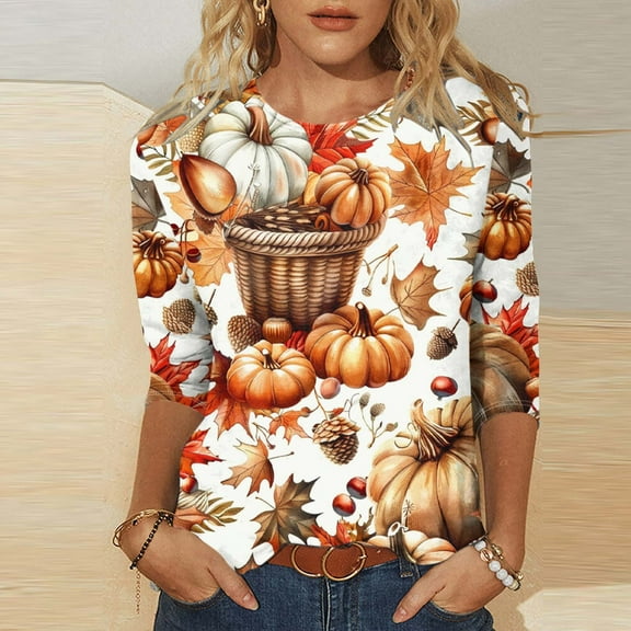 VKOYWKM 3/4 Sleeve Tops for Women Thanksgiving Shirts Halloween Pumpkin Graphic Fall T Shirts Loose Fit Crew Neck Thanksgiving Gift Tops