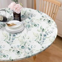 Round Tablecloth Fitted Elastic Edge Patio Table Covers Wrinkle Resistant Waterproof Vinyl Table Cloth for Picnic Camping Indoor and Outdoor，Boho Eucalyptus Leaf 45"-56"