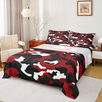 Castle Fairy Abstract Camouflage 4pcs Bed Sheets for Boys Girls,Geometric Camo King Sheets,Black Red White Super Cozy Sheet Set,Ultra Soft Home Decor