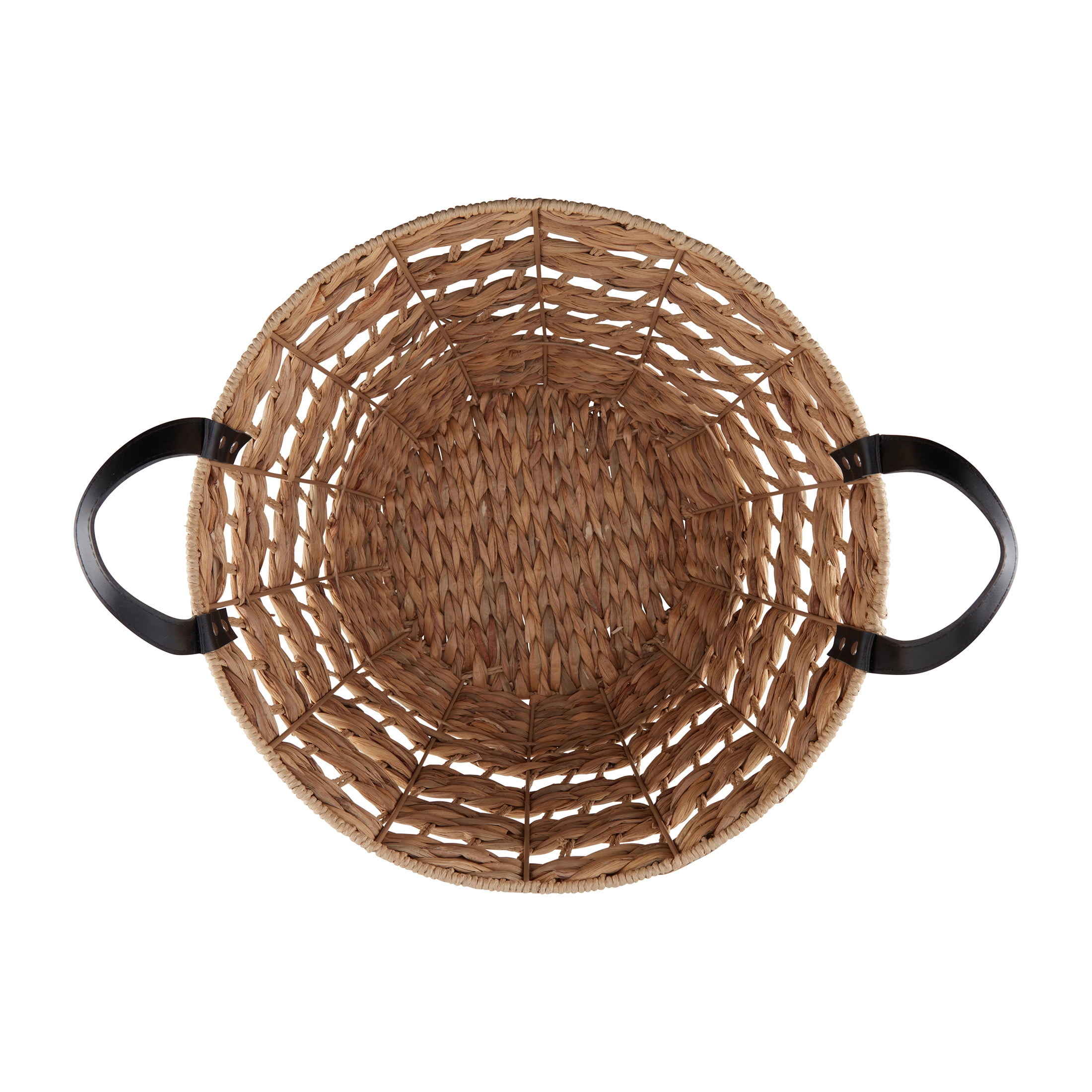 Better Homes & Gardens 2-Pack Round Storage Baskets, Woven Fabric, Black Faux Leather Handles, Natural, 14.5"D x 16.5"H – Decorative Bin for Blankets, Toys, Home Organization
