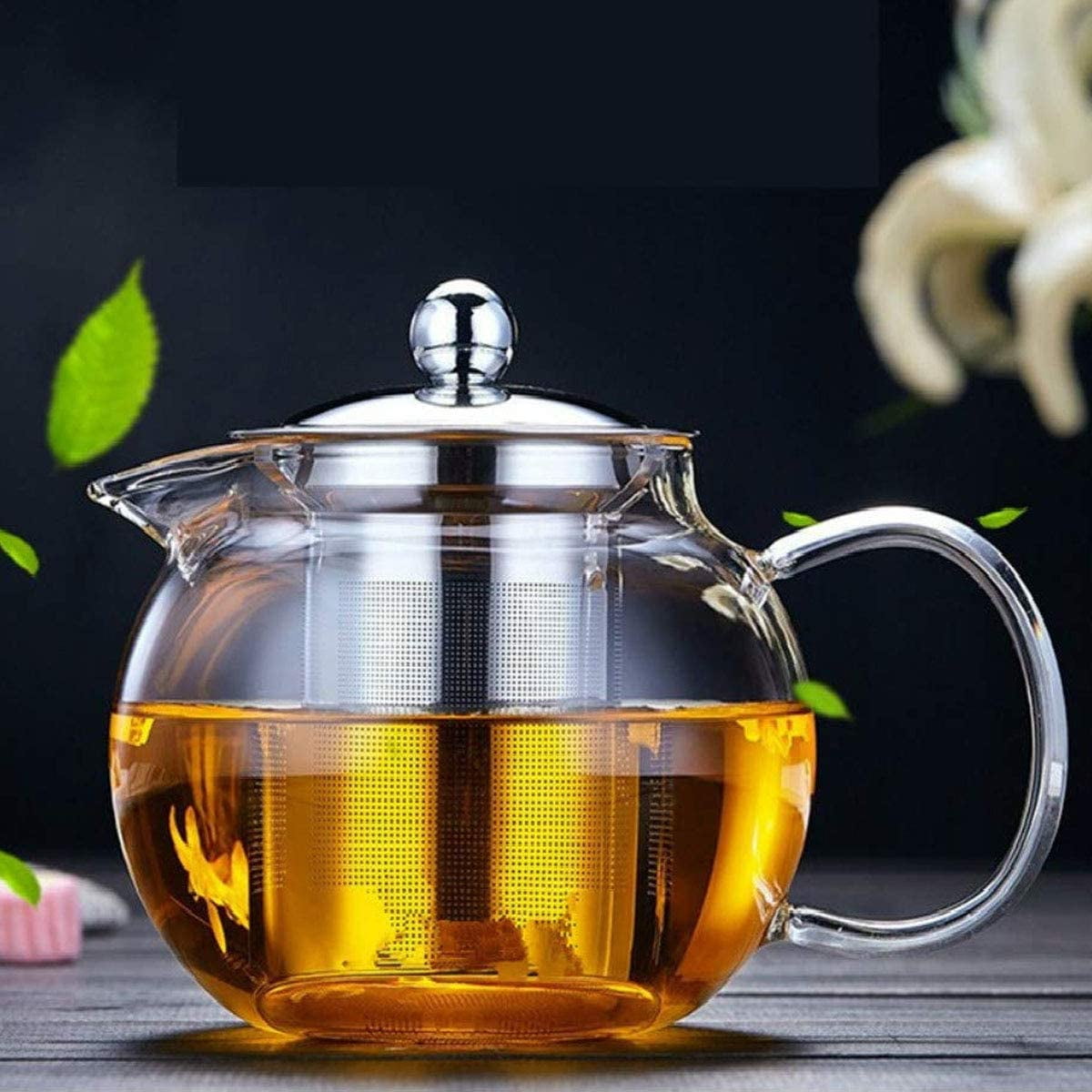 Stovetop Safe Clear Glass Teapot Tea Set with Removable Infuser,Includes 4 Small Ceramic Tea Cups and Saucers 1 Ceramic Warmer Base,Glass Tea Kettle with Strainer Blooming Loose Leaf Tea Pot 