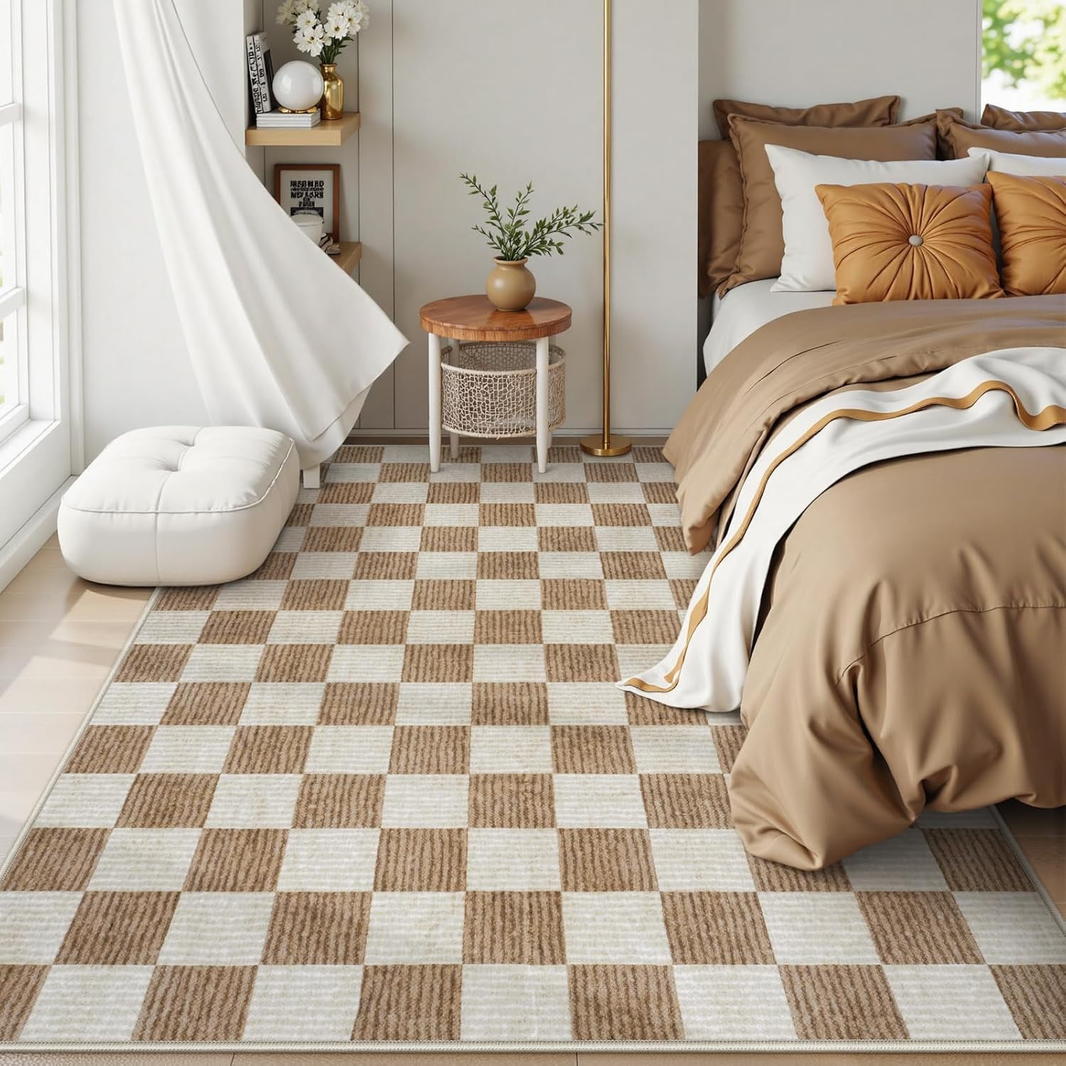 RUG ROBOT 5'x7' Area Rugs for Living Room, Washable Non-Slip Checkered Rugs for Bedroom, Dining Room, Soft Low-Pile Classic Farmhouse Geometric Indoor Large Accent Carpet, Brown