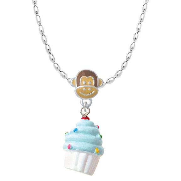 Delight Jewelry Resin White Cupcake with Blue Frosting Mia Monkey Charm Necklace