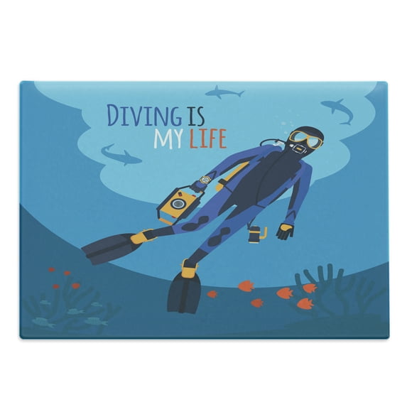 Diver Cutting Board, Diving is My Life Typography with Fish and Reef Fully Equipped Man Ready to Explore, Decorative Tempered Glass Cutting and Serving Board, in 3 Sizes, by Ambesonne