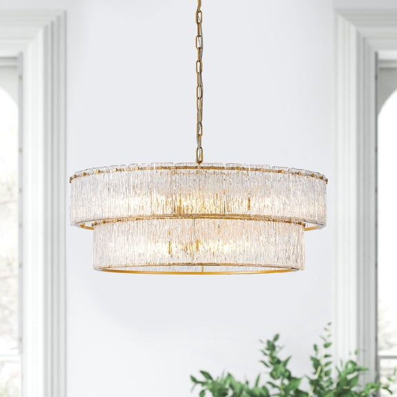 KAWOTI Modern 2 Tiers Gold Glass Chandelier Pendant Lights, 8 Light Luxury Hanging Ceiling Light - W31.62" x H90"