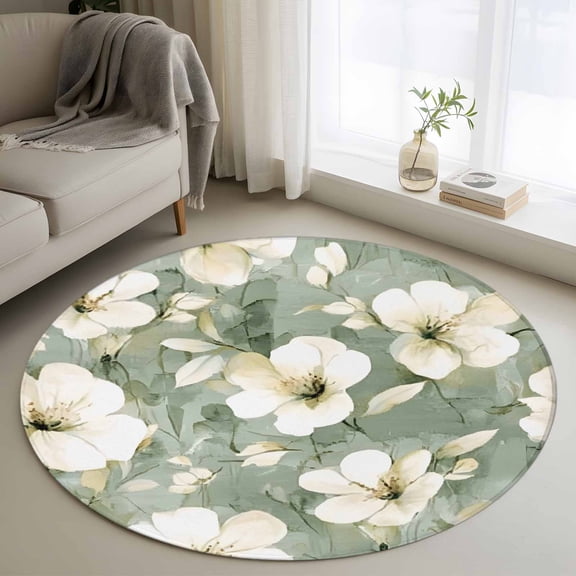 Round Rugs 4Ft, Spring Floral Round Area Rug Washable Indoor Throw Carpet, Sage Green Flowers Summer Botanical Soft Non Slip Circle Rug for Kitchen Nursery Room Home Decor Aesthetic
