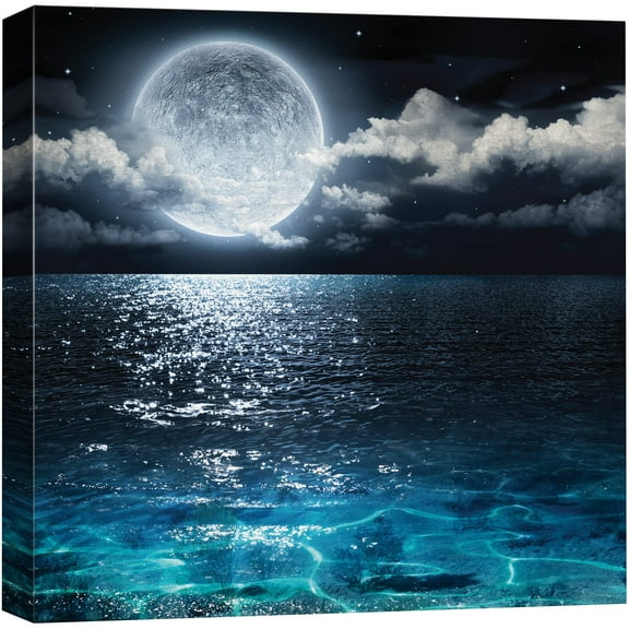 wall26 Canvas Print Wall Art Mystic Full Moon Over Blue Night Ocean Astronomy & Space Sky Digital Art Modern Art Global Scenic Colorful Multicolor for Living Room, Bedroom, Office - 12"x12&q