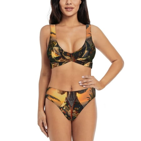 Zeuib Flower Field Poodle High Waisted Tummy Control Bikini Set - Knot Front Push Up Top & Cheeky Thong Bottom  Two-Piece Swimsuit for Women-X-Large