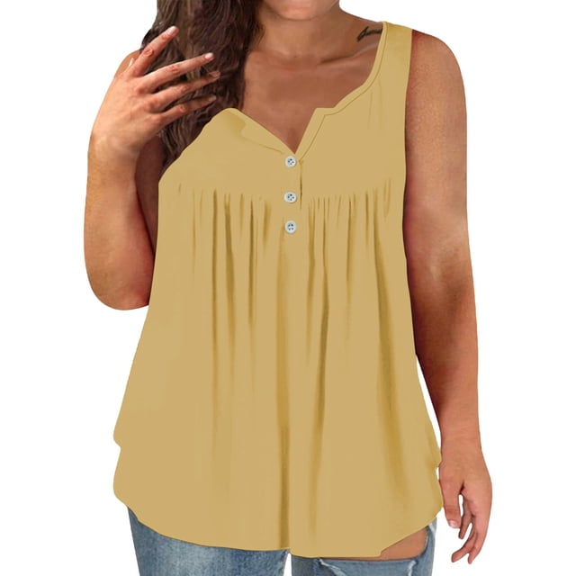 Duoif Womens Tank Tops, Women's Plus Size Summer Vest Loose Fit Round Neck Button Front Casual Top Womens Tops Yellow XXXXL