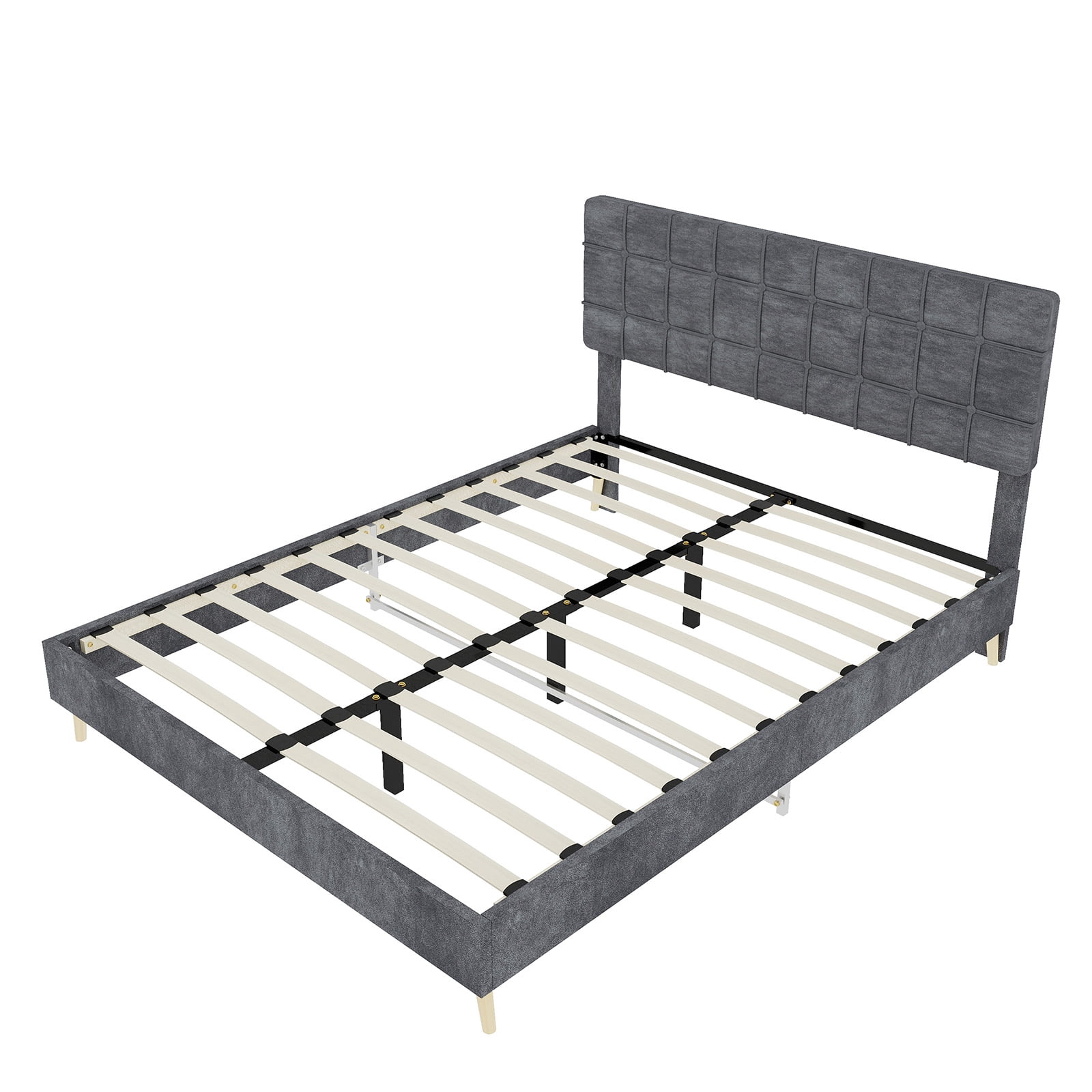 Alvantor Queen Size Upholstered Bed Frame with Padded Headboard Gray